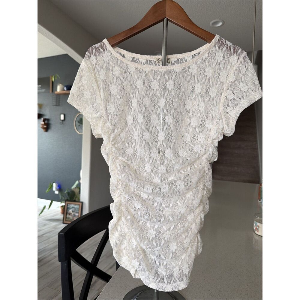 NWOT Free People Intimately Sheer Lace Short Sleeves Scoop Neck Ivory